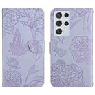 For Samsung Galaxy S21 Ultra 5G Skin Feel Butterfly Peony Embossed Leather Phone Case(Purple) - 1