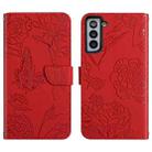 For Samsung Galaxy S22 5G Skin Feel Butterfly Peony Embossed Leather Phone Case(Red) - 1