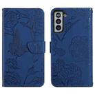 For Samsung Galaxy S22 5G Skin Feel Butterfly Peony Embossed Leather Phone Case(Blue) - 1