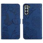 For Samsung Galaxy S22+ 5G Skin Feel Butterfly Peony Embossed Leather Phone Case(Blue) - 1