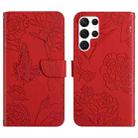 For Samsung Galaxy S22 Ultra 5G Skin Feel Butterfly Peony Embossed Leather Phone Case(Red) - 1