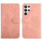 For Samsung Galaxy S22 Ultra 5G Skin Feel Butterfly Peony Embossed Leather Phone Case(Pink) - 1