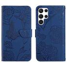 For Samsung Galaxy S22 Ultra 5G Skin Feel Butterfly Peony Embossed Leather Phone Case(Blue) - 1