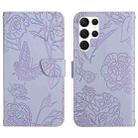 For Samsung Galaxy S22 Ultra 5G Skin Feel Butterfly Peony Embossed Leather Phone Case(Purple) - 1