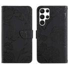 For Samsung Galaxy S22 Ultra 5G Skin Feel Butterfly Peony Embossed Leather Phone Case(Black) - 1