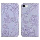 For iPhone SE 2022 / SE 2020 / 8 / 7 Skin Feel Butterfly Peony Embossed Leather Phone Case(Purple) - 1