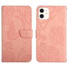 For iPhone 12 Skin Feel Butterfly Peony Embossed Leather Phone Case(Pink) - 1