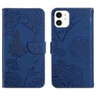 For iPhone 12 Skin Feel Butterfly Peony Embossed Leather Phone Case(Blue) - 1