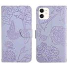 For iPhone 12 Skin Feel Butterfly Peony Embossed Leather Phone Case(Purple) - 1