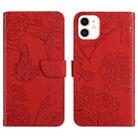 For iPhone 12 mini Skin Feel Butterfly Peony Embossed Leather Phone Case (Red) - 1