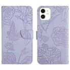 For iPhone 12 mini Skin Feel Butterfly Peony Embossed Leather Phone Case (Purple) - 1