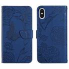 For iPhone X / XS Skin Feel Butterfly Peony Embossed Leather Phone Case(Blue) - 1