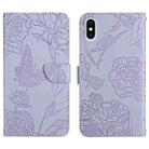 For iPhone X / XS Skin Feel Butterfly Peony Embossed Leather Phone Case(Purple) - 1
