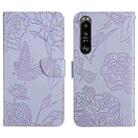 For Sony Xperia 1 III Skin Feel Butterfly Peony Embossed Leather Phone Case(Purple) - 1