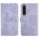 For Sony Xperia 1 IV Skin Feel Butterfly Peony Embossed Leather Phone Case(Purple) - 1