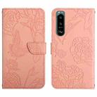 For Sony Xperia 5 III Skin Feel Butterfly Peony Embossed Leather Phone Case(Pink) - 1