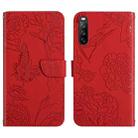 For Sony Xperia 10 III Skin Feel Butterfly Peony Embossed Leather Phone Case(Red) - 1