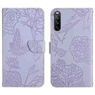 For Sony Xperia 10 III Skin Feel Butterfly Peony Embossed Leather Phone Case(Purple) - 1