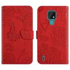 For Motorola Moto E7 Skin Feel Butterfly Peony Embossed Leather Phone Case(Red) - 1