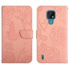 For Motorola Moto E7 Skin Feel Butterfly Peony Embossed Leather Phone Case(Pink) - 1