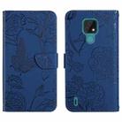 For Motorola Moto E7 Skin Feel Butterfly Peony Embossed Leather Phone Case(Blue) - 1