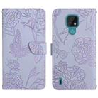 For Motorola Moto E7 Skin Feel Butterfly Peony Embossed Leather Phone Case(Purple) - 1