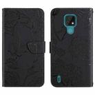 For Motorola Moto E7 Skin Feel Butterfly Peony Embossed Leather Phone Case(Black) - 1