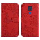 For Motorola Moto G Play 2021 Skin Feel Butterfly Peony Embossed Leather Phone Case(Red) - 1