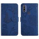 For Motorola Moto G Pure 2021 Skin Feel Butterfly Peony Embossed Leather Phone Case(Blue) - 1