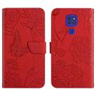 For Motorola Moto G9 Skin Feel Butterfly Peony Embossed Leather Phone Case(Red) - 1