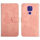 For Motorola Moto G9 Skin Feel Butterfly Peony Embossed Leather Phone Case(Pink) - 1