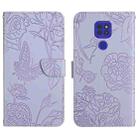 For Motorola Moto G9 Skin Feel Butterfly Peony Embossed Leather Phone Case(Purple) - 1