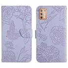 For Motorola Moto G9 Plus Skin Feel Butterfly Peony Embossed Leather Phone Case(Purple) - 1