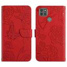 For Motorola Moto G9 Power Skin Feel Butterfly Peony Embossed Leather Phone Case(Red) - 1