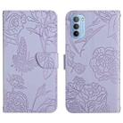For Motorola Moto G51 Skin Feel Butterfly Peony Embossed Leather Phone Case(Purple) - 1