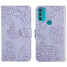 For Motorola Moto G71 Skin Feel Butterfly Peony Embossed Leather Phone Case(Purple) - 1