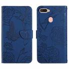 For OPPO A7 Skin Feel Butterfly Peony Embossed Leather Phone Case(Blue) - 1