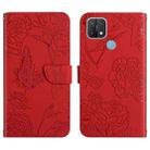 For OPPO A15 Skin Feel Butterfly Peony Embossed Leather Phone Case(Red) - 1