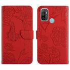 For OPPO A53 4G Skin Feel Butterfly Peony Embossed Leather Phone Case(Red) - 1