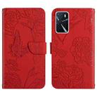 For OPPO A54 4G / A16 Skin Feel Butterfly Peony Embossed Leather Phone Case(Red) - 1