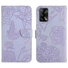 For OPPO F19 Skin Feel Butterfly Peony Embossed Leather Phone Case(Purple) - 1