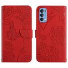 For OPPO Reno4 5G Skin Feel Butterfly Peony Embossed Leather Phone Case(Red) - 1