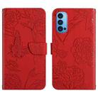 For OPPO Reno4 Pro Skin Feel Butterfly Peony Embossed Leather Phone Case(Red) - 1