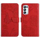 For OPPO Reno5 Pro 5G Skin Feel Butterfly Peony Embossed Leather Phone Case(Red) - 1