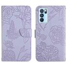 For OPPO Reno6 Pro 5G Skin Feel Butterfly Peony Embossed Leather Phone Case(Purple) - 1