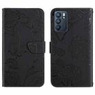 For OPPO Reno6 5G Skin Feel Butterfly Peony Embossed Leather Phone Case(Black) - 1