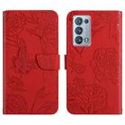 For OPPO Reno6 Pro+ Skin Feel Butterfly Peony Embossed Leather Phone Case(Red) - 1