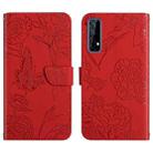 For OPPO Realme 7 Skin Feel Butterfly Peony Embossed Leather Phone Case(Red) - 1