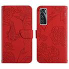 For vivo V20 SE Skin Feel Butterfly Peony Embossed Leather Phone Case(Red) - 1
