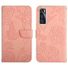 For vivo V20 SE Skin Feel Butterfly Peony Embossed Leather Phone Case(Pink) - 1